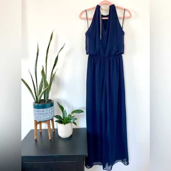 Vince Camuto Navy Blouson Halter Gold Choker Wedding Guest Jumpsuit 4 - Picture 3 of 13